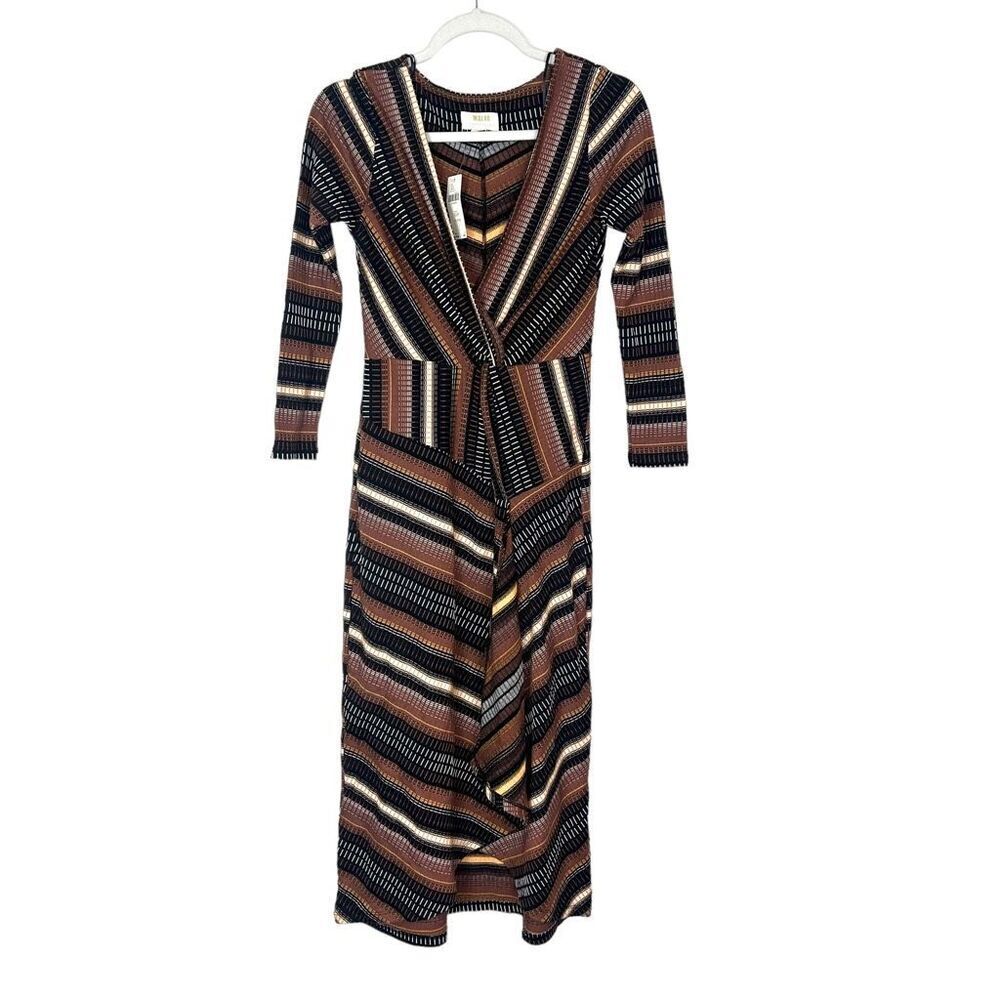 Anthropologie Maeve Midi Dress NWT Striped Wrap Knit Retro Brown XSP Zig Zag XS - Picture 2 of 15